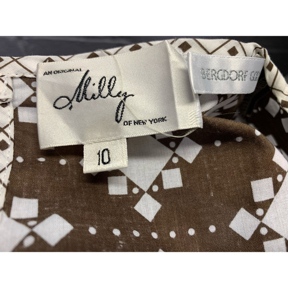 Vtg 70s Milly of New York Brown White Geometric Mini Dress Keyhole Back Bow SM - Picture 10 of 10